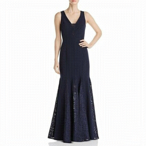 ELIZA J. BNWOT Womens V-Neck Lace Detail Sz 6 Full Length Formal Dress Navy Blue